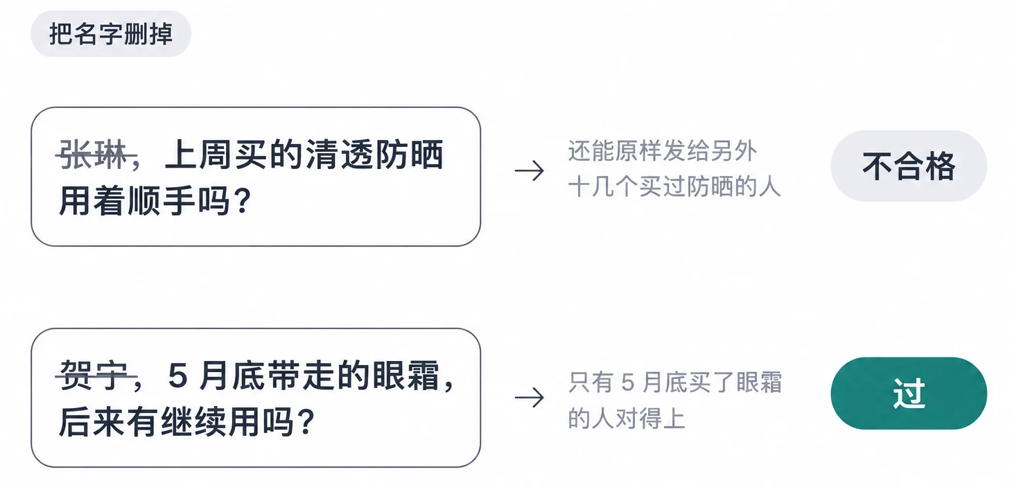 把名字删掉：一句还能发给十几个人，一句只对得上一个人