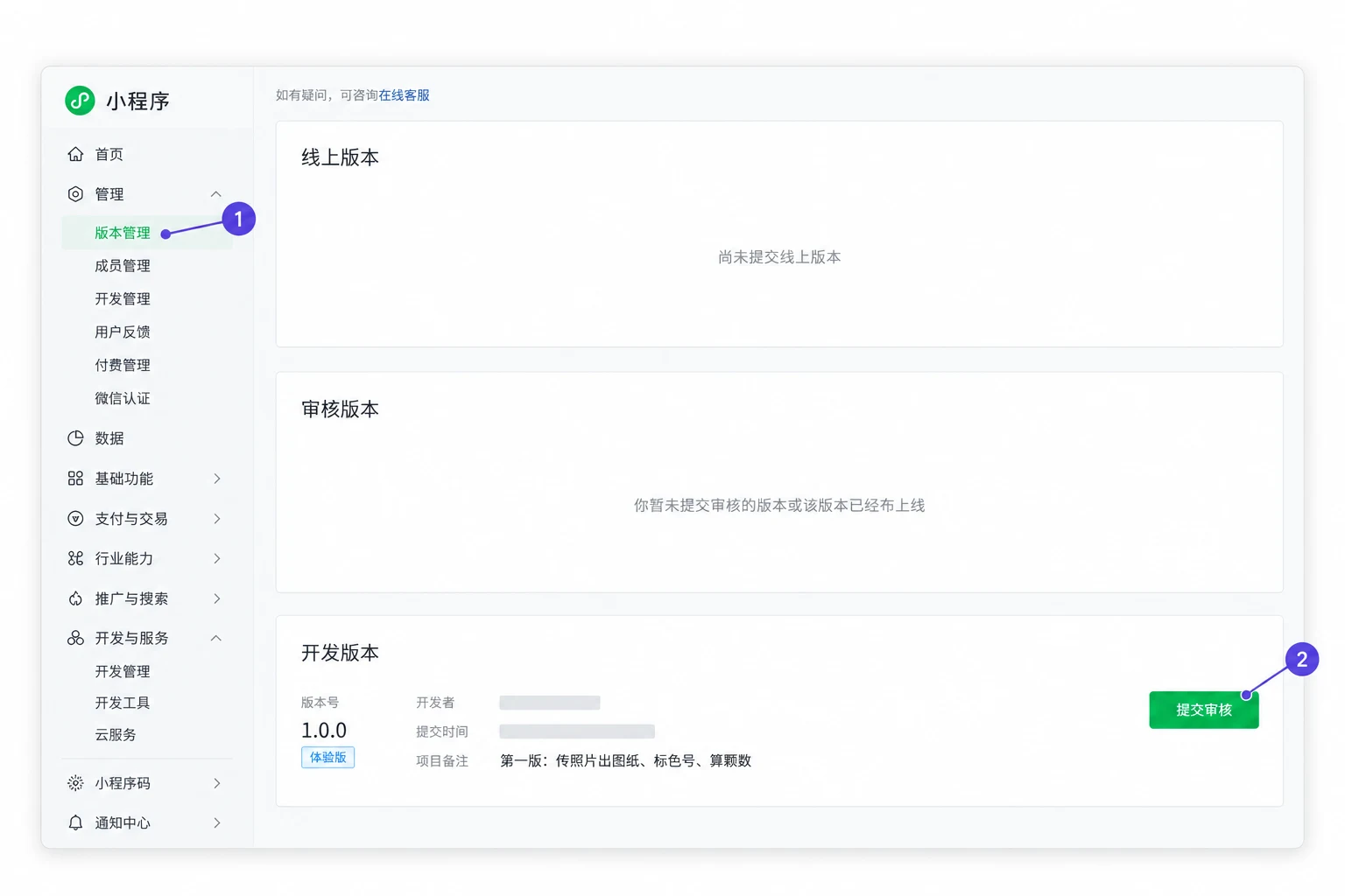 版本管理 → 提交审核