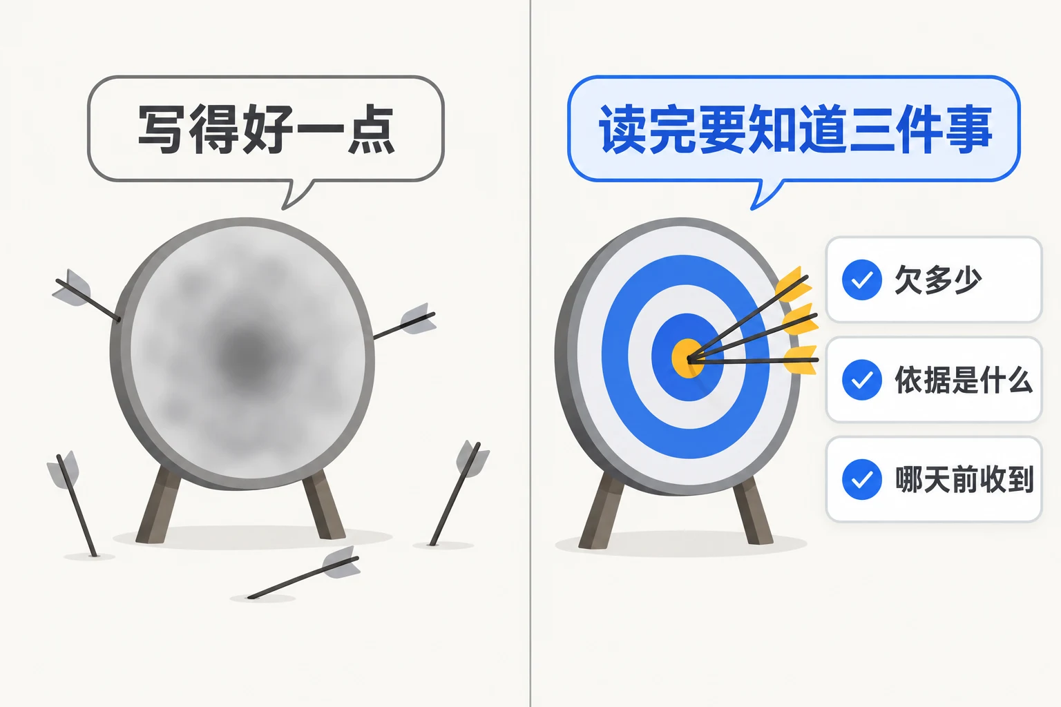 左边"写得好一点"是一团雾，右边"读完要知道三件事"三箭正中