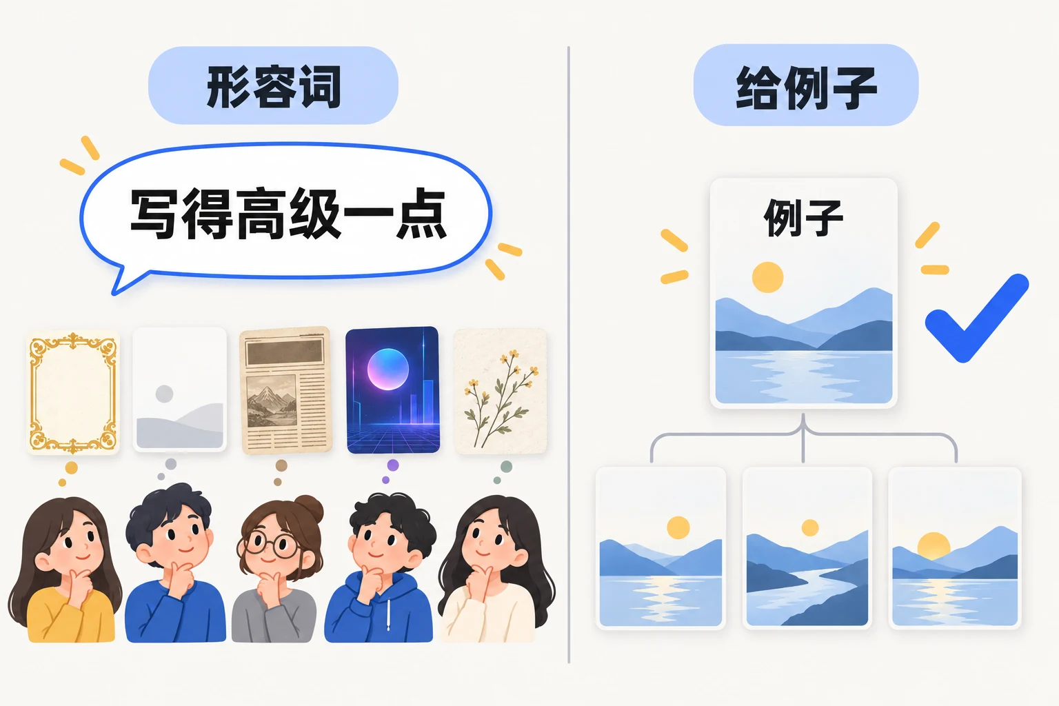 形容词让每个人想到不同的画面，一个例子让大家想到同一个