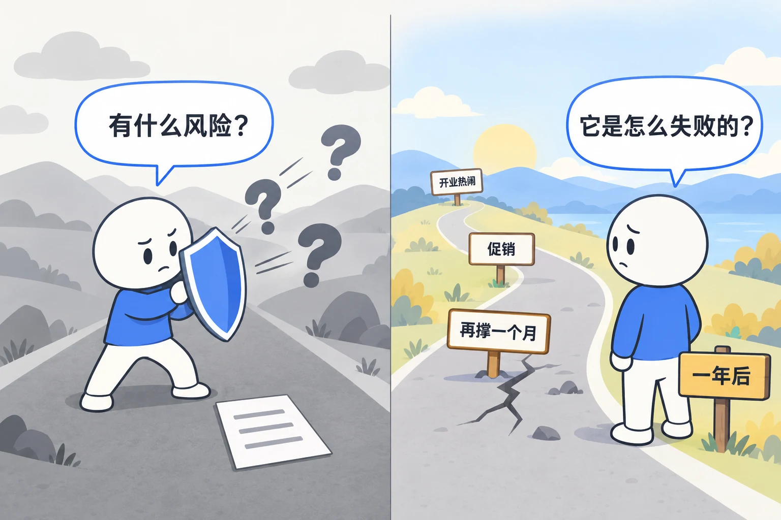 左边举着盾牌问"有什么风险"，右边站在一年后回头看"它是怎么失败的"