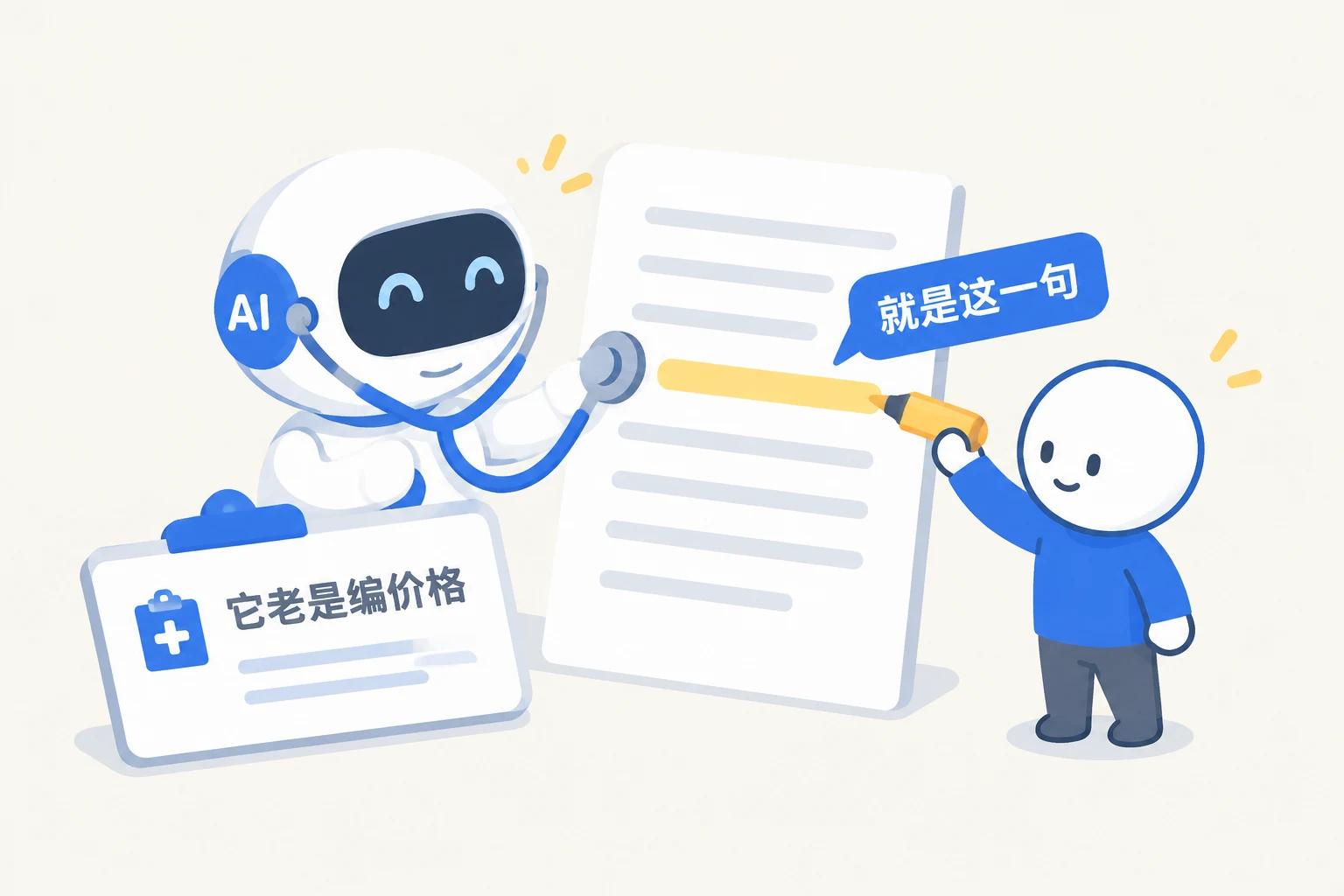 AI 戴着听诊器给一张提示词看病，其中一行被涂亮，标着"就是这一句"