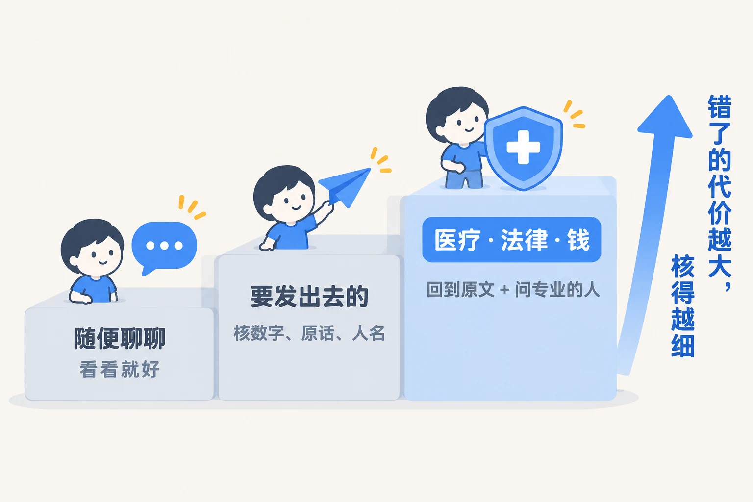 三级台阶：随便聊聊看看就好；要发出去的核数字原话人名；医疗法律钱回到原文加问专业的人