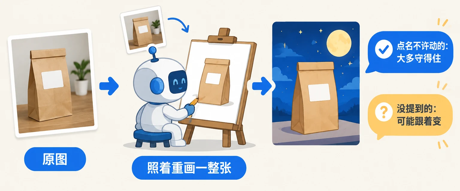 原图，机器人照着原图在新画布上重画，新图旁边两个气泡
