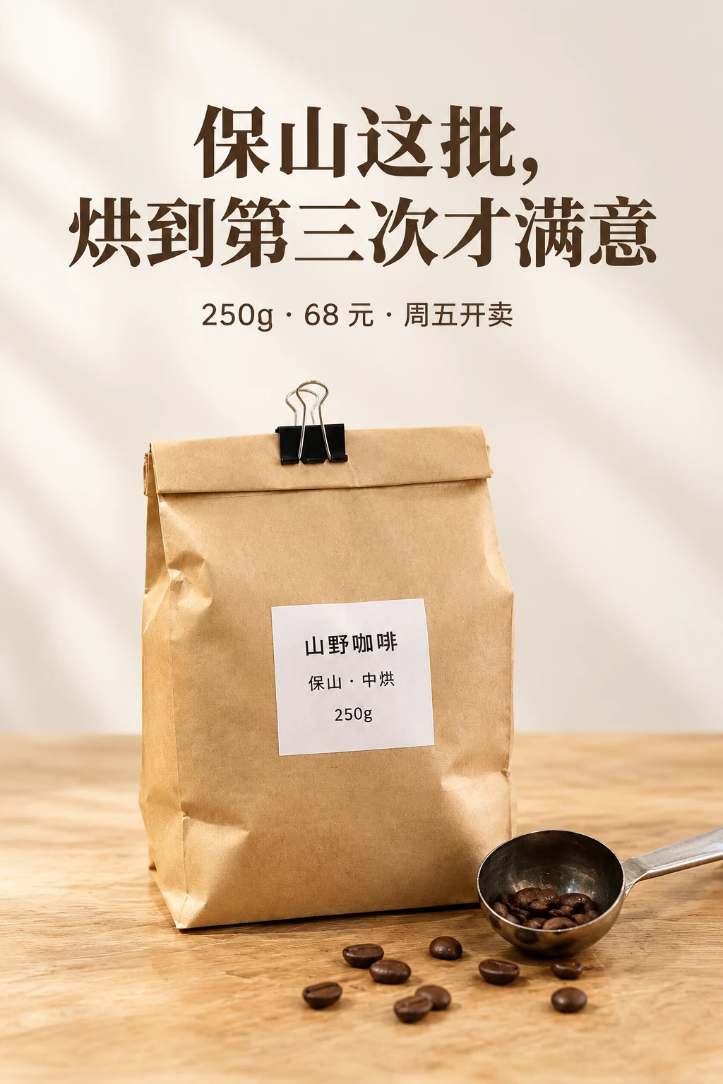 小红书封面：上方大字"保山这批，烘到第三次才满意"，下方小字"250g · 68 元 · 周五开卖"，下半部分是咖啡豆