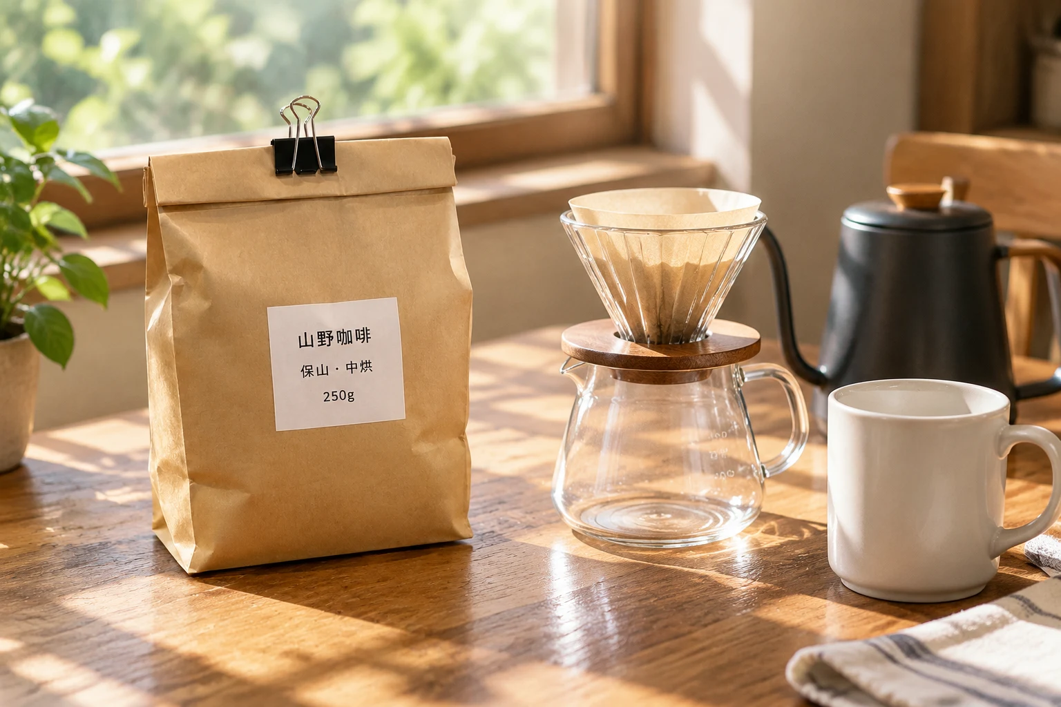 窗边木桌上的咖啡豆、手冲壶、滤杯和白色马克杯，早晨阳光斜照