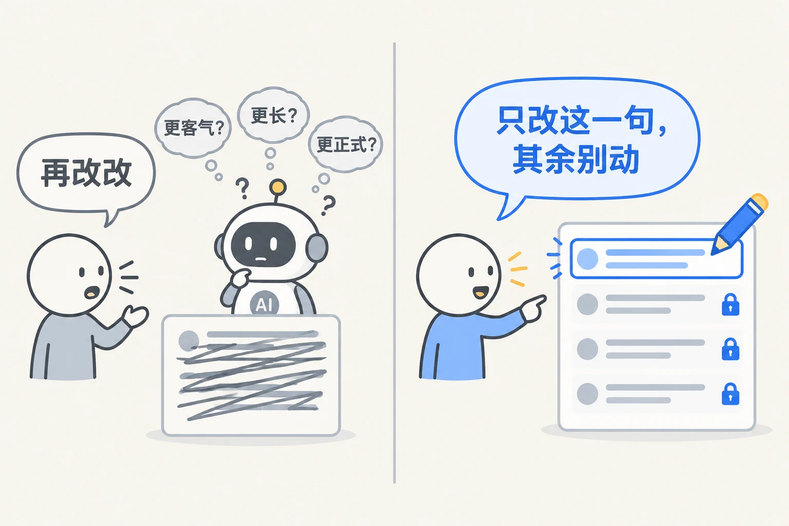 左边说“再改改”，AI 头上冒出三个问号；右边指着第一句说“只改这一句”，其余几行上了锁