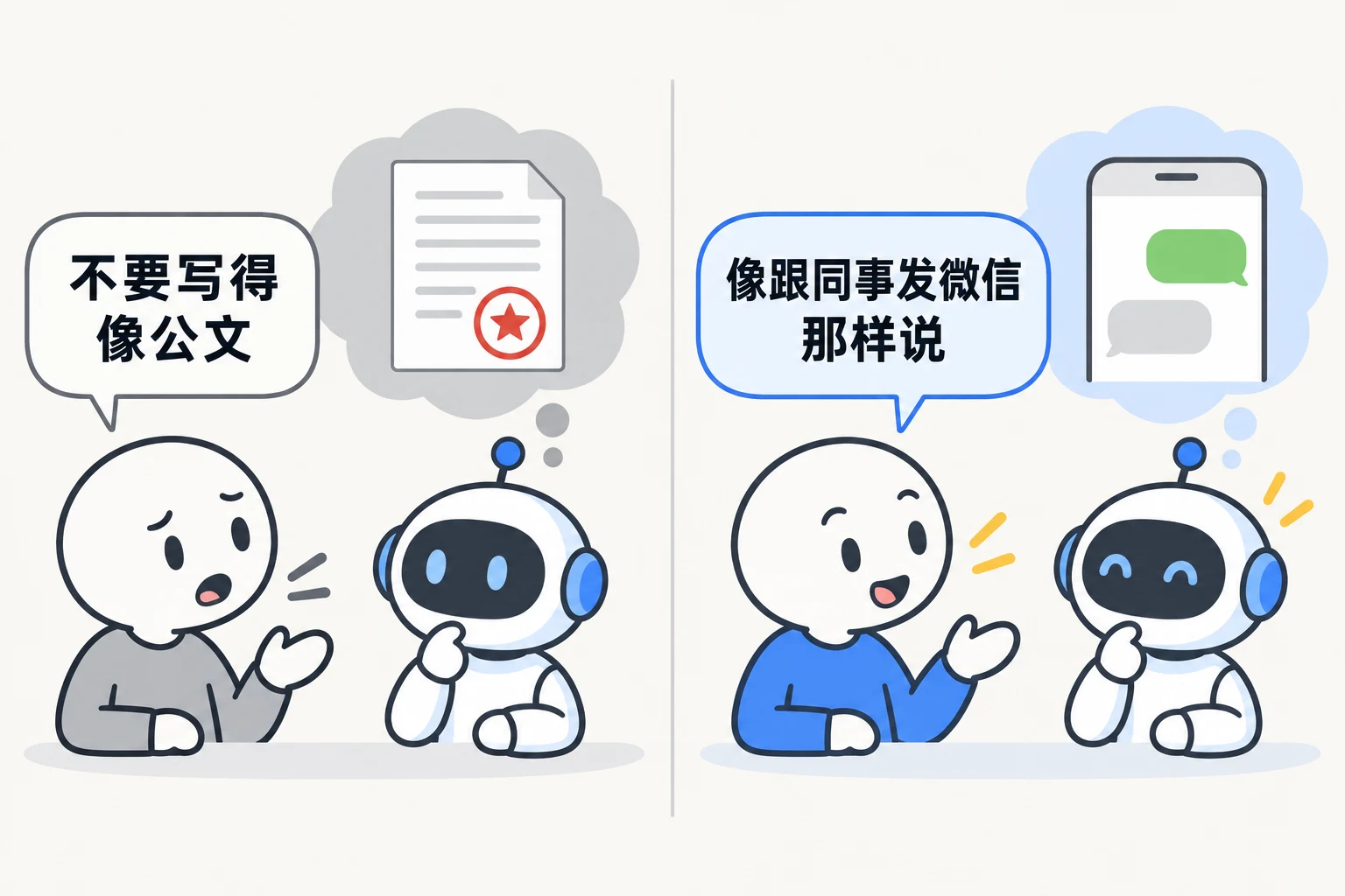左边说“不要写得像公文”，它脑子里浮现公文；右边说“像跟同事发微信”，它脑子里是聊天气泡