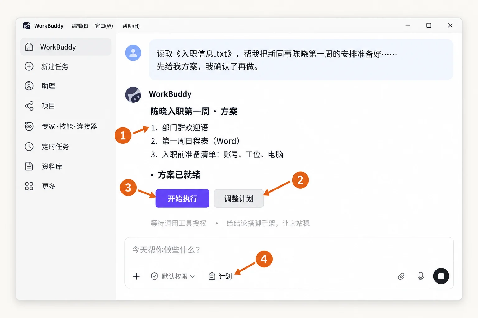 ①方案要点 ②调整计划 ③开始执行 ④输入框下的"计划"标识