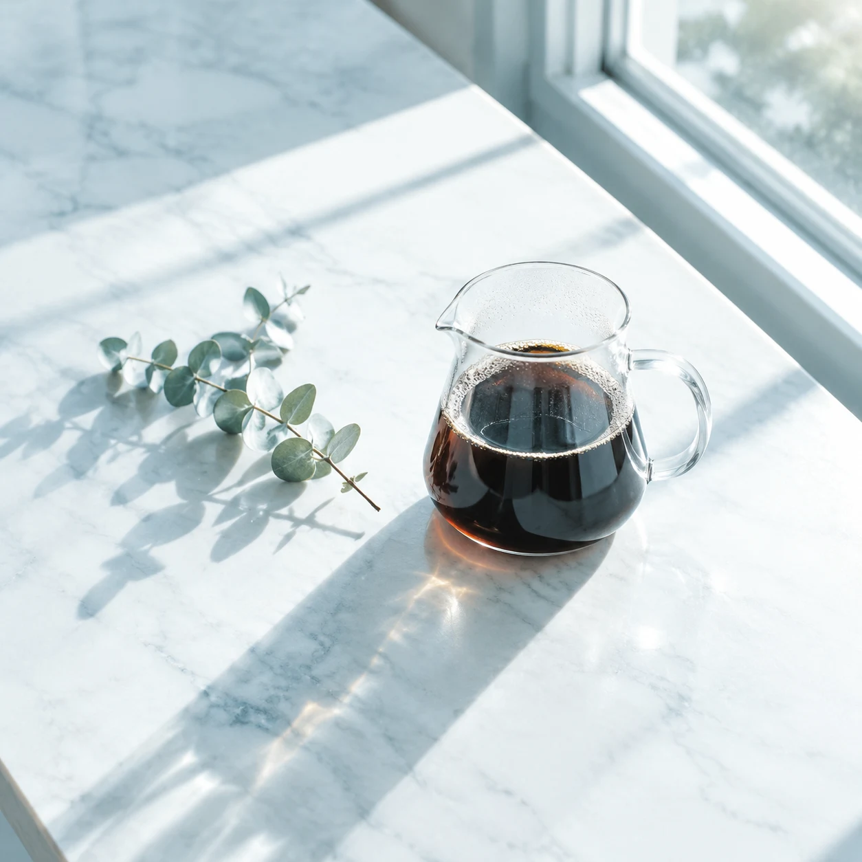 图 2：大理石台面上的玻璃壶和尤加利叶
