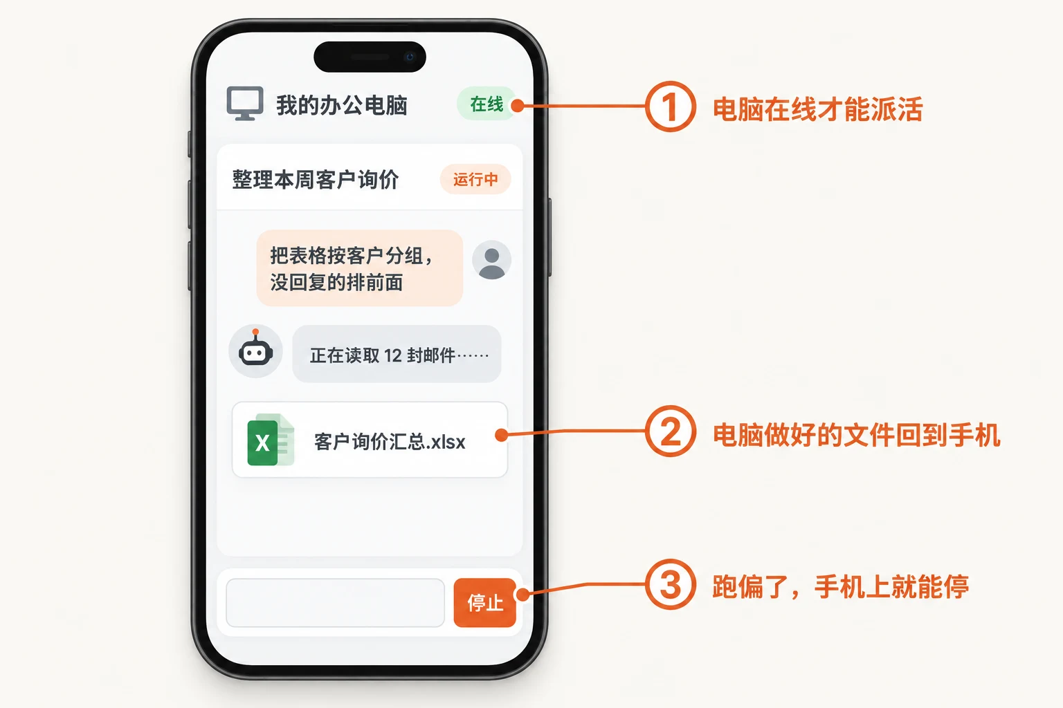 小程序连上电脑后：看状态、拿成品、一键停止