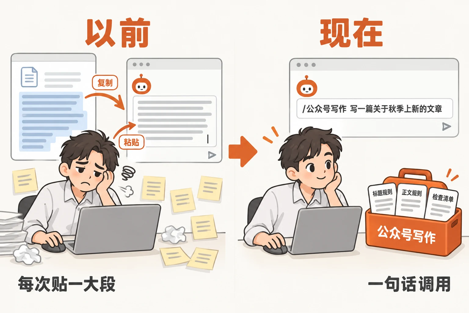 以前每次贴一大段，现在一句话调用